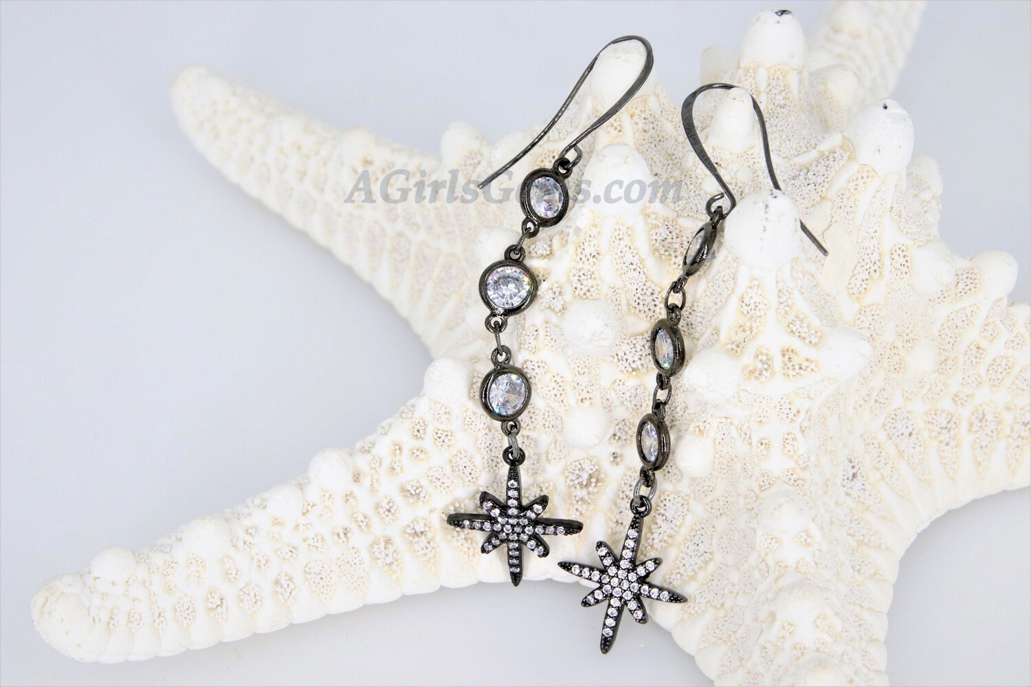 CZ Star Dangle Earrings, Starburst Earrings in Gold/Silver/Black, Elegant Crystal Cubic Zirconia Long Chain Earrings