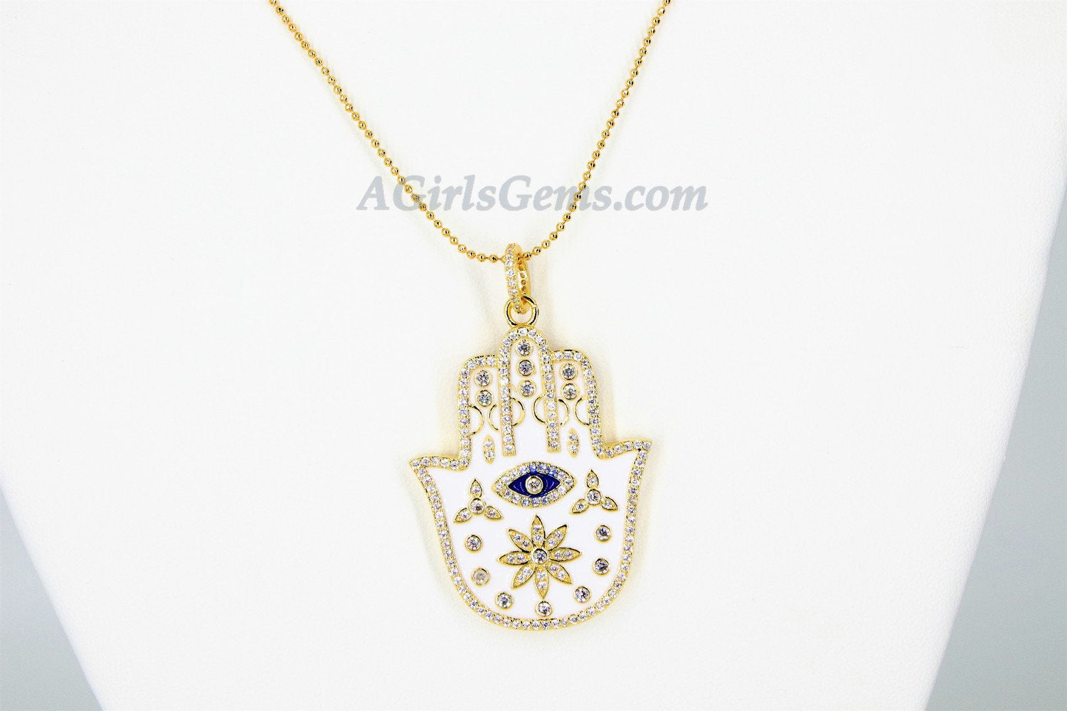 Evil Eye Hamsa Necklace, CZ Evil Eye Large Hamsa Hand, Turquoise Blue Evil Eye - A Girls Gems