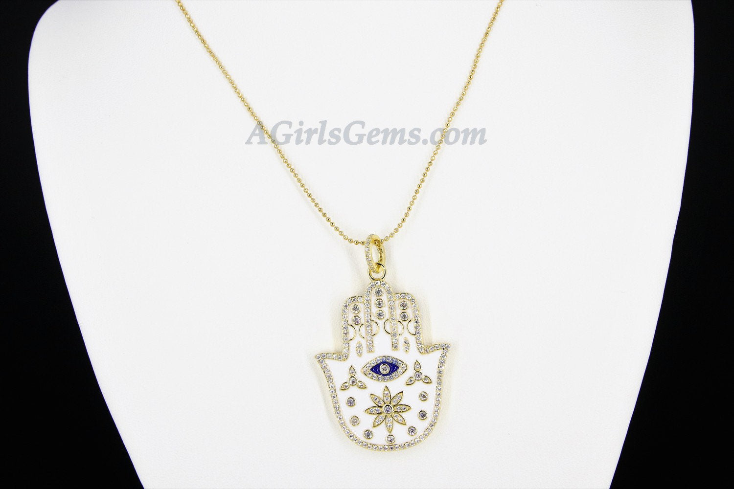 Evil Eye Hamsa Necklace, CZ Evil Eye Large Hamsa Hand, Turquoise Blue Evil Eye - A Girls Gems