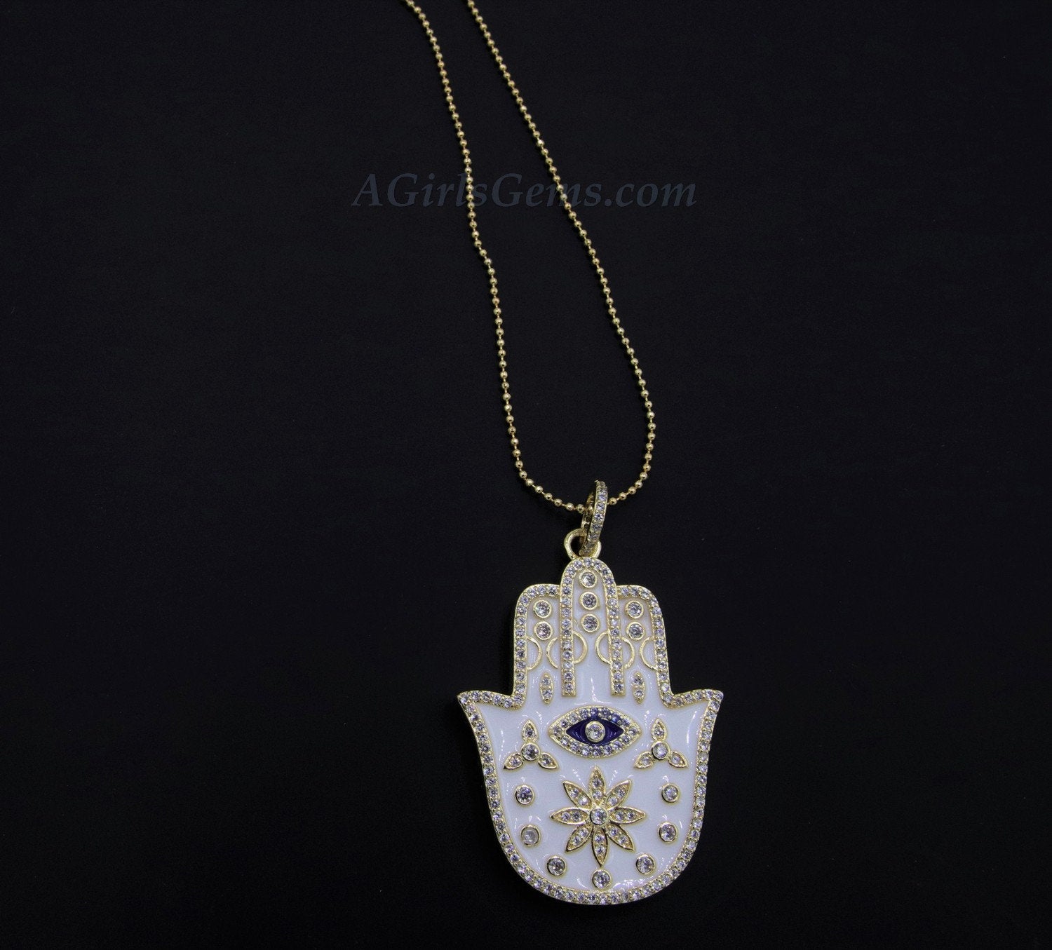 Evil Eye Hamsa Necklace, CZ Evil Eye Large Hamsa Hand, Turquoise Blue Evil Eye - A Girls Gems