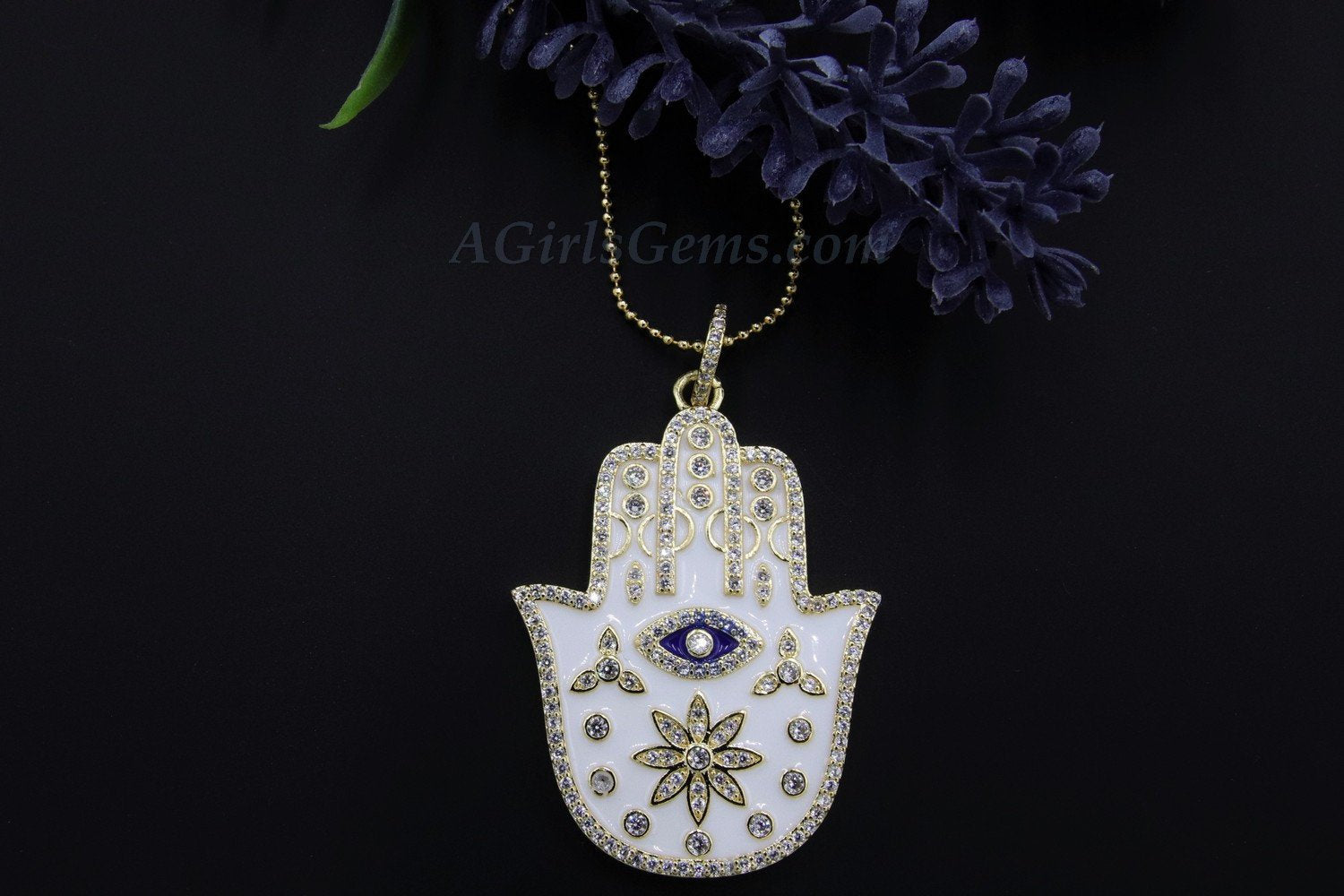 Evil Eye Hamsa Necklace, CZ Evil Eye Large Hamsa Hand, Turquoise Blue Evil Eye - A Girls Gems