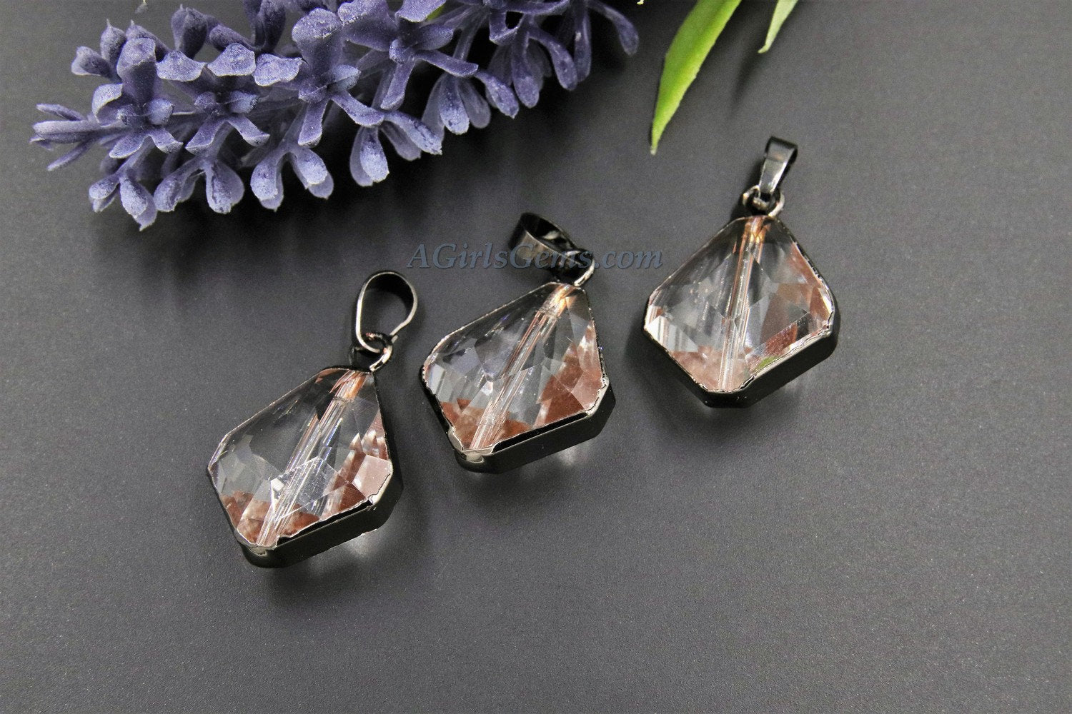 Crystal Soldered Pendants, *NEW* Black Crystal Teardrop Oval, Black/Gold Diamond Shaped Chandelier Crystal Charms in Copper Foil - A Girls Gems