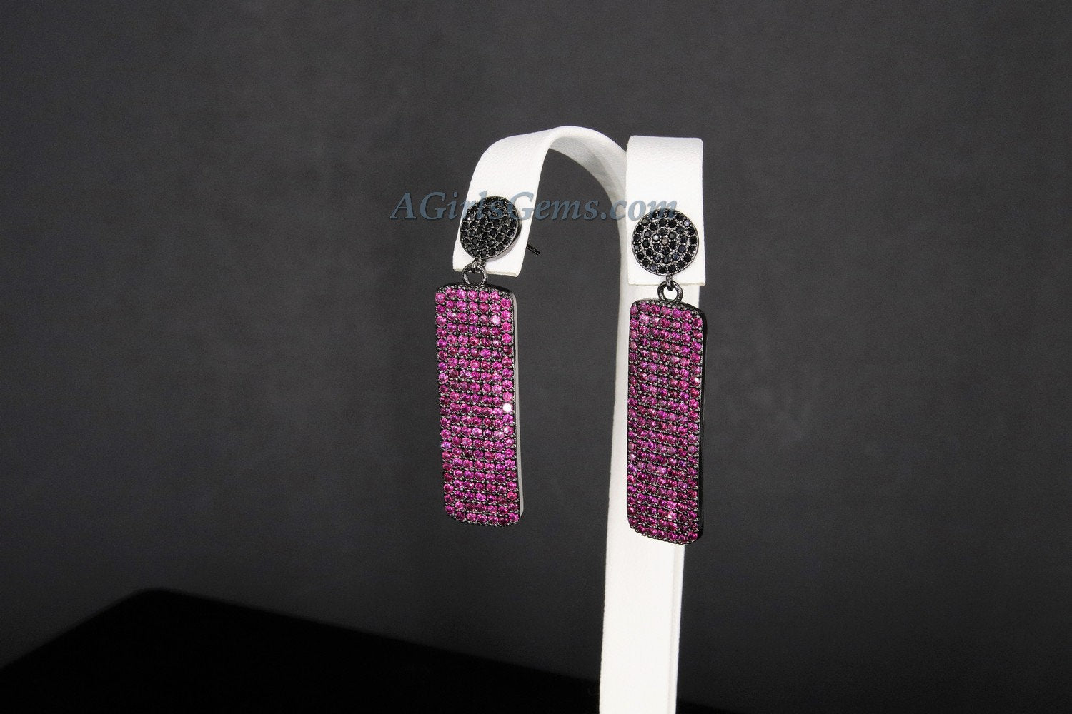 Mardi Gras Jewelry, Pink and Black CZ Pave Stud Earrings, Diamond Pave Fuschia Vertical Bar Earrings  by Regina Harp Designs - A Girls Gems