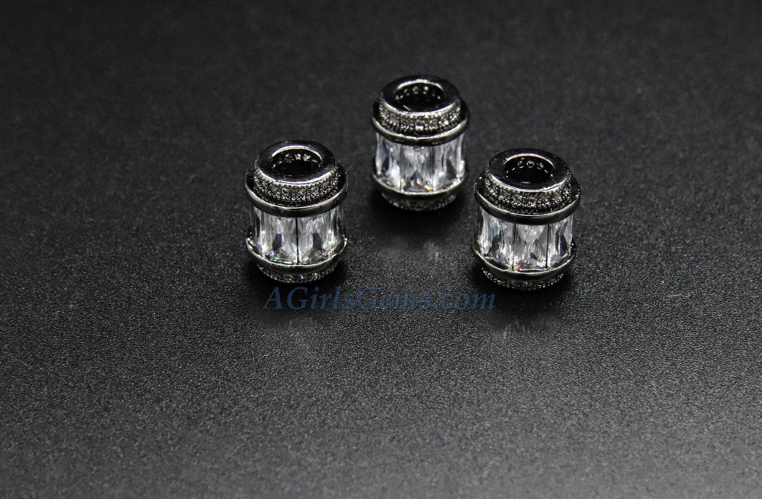 Black Tube Beads, CZ Pave Big Hole Gold, Silver Crystal Beads, 10 x 12 mm - A Girls Gems