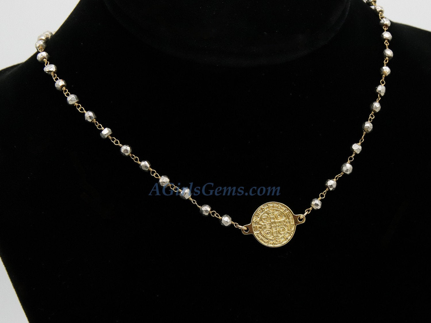 Medallion Necklace, Silver/22 K Gold plated Natural Pyrite Rosary Medal Disc Cross, St Benedict Medal Rosary Choker - A Girls Gems