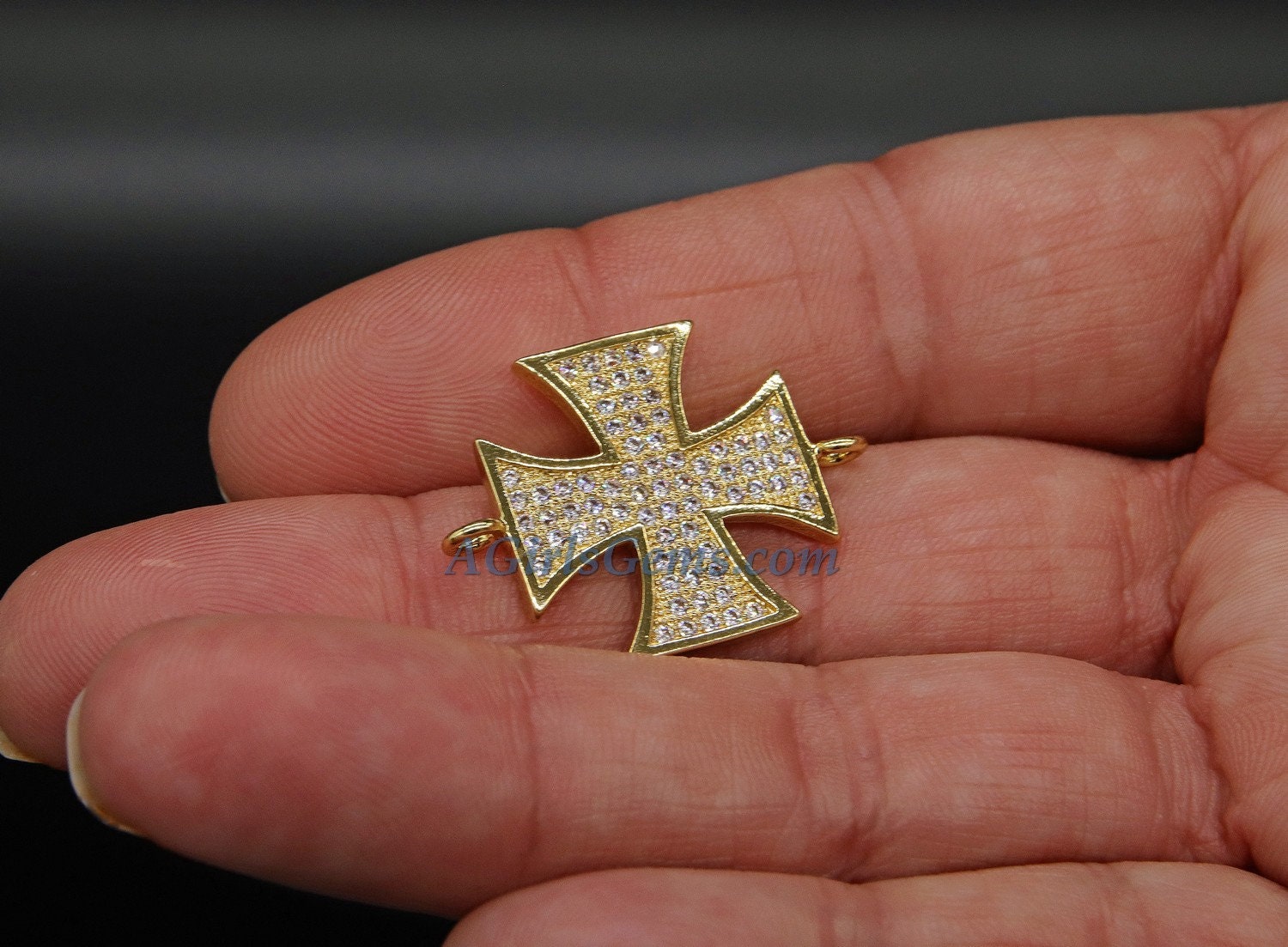 CZ Micro Pave Maltese Cross Connector Link, Gold Large 30 mm Cross Charm for Bracelet #216, Firefighter St John Jewelry Supplies - A Girls Gems