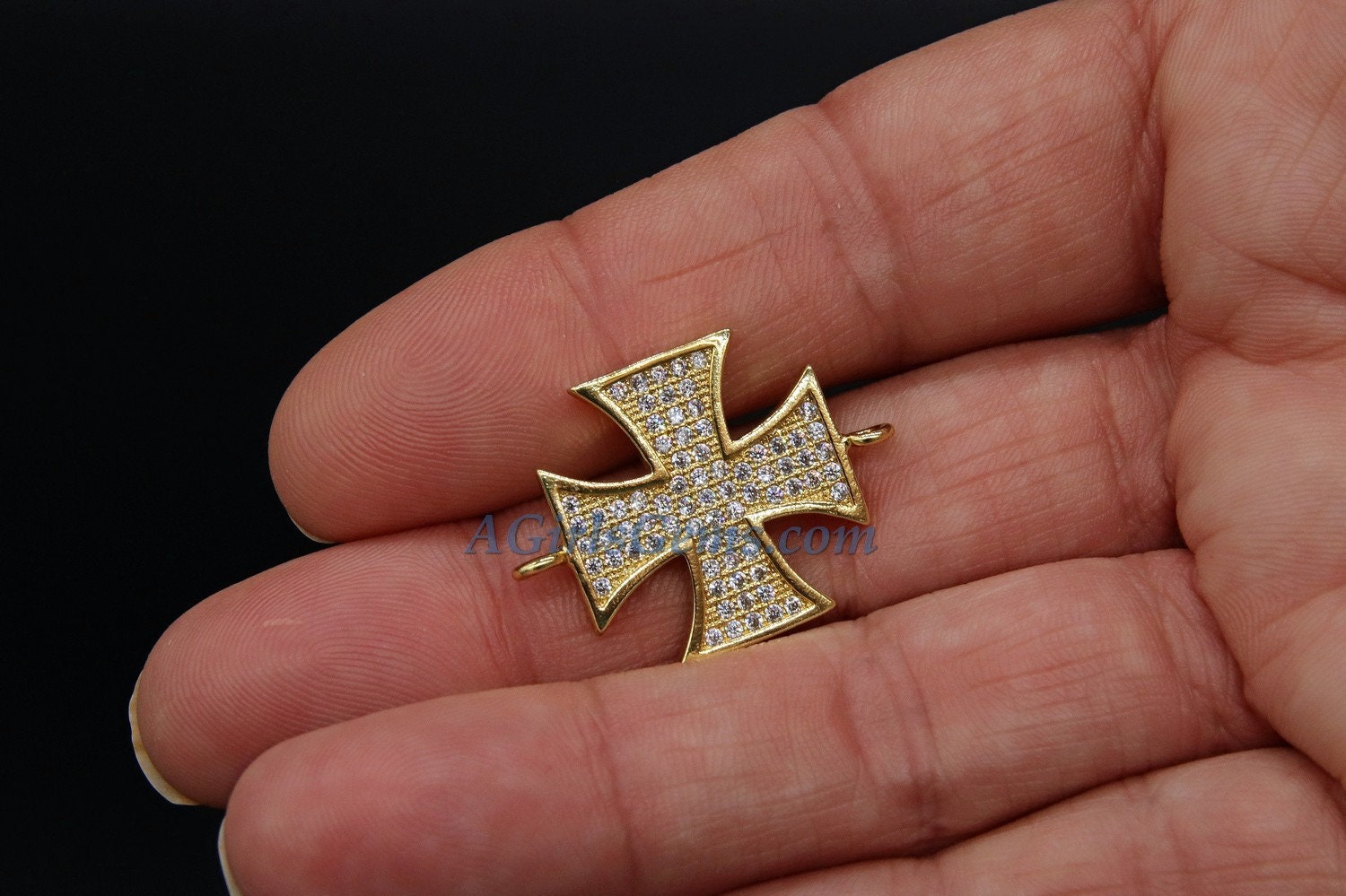 CZ Micro Pave Maltese Cross Connector Link, Gold Large 30 mm Cross Charm for Bracelet #216, Firefighter St John Jewelry Supplies - A Girls Gems