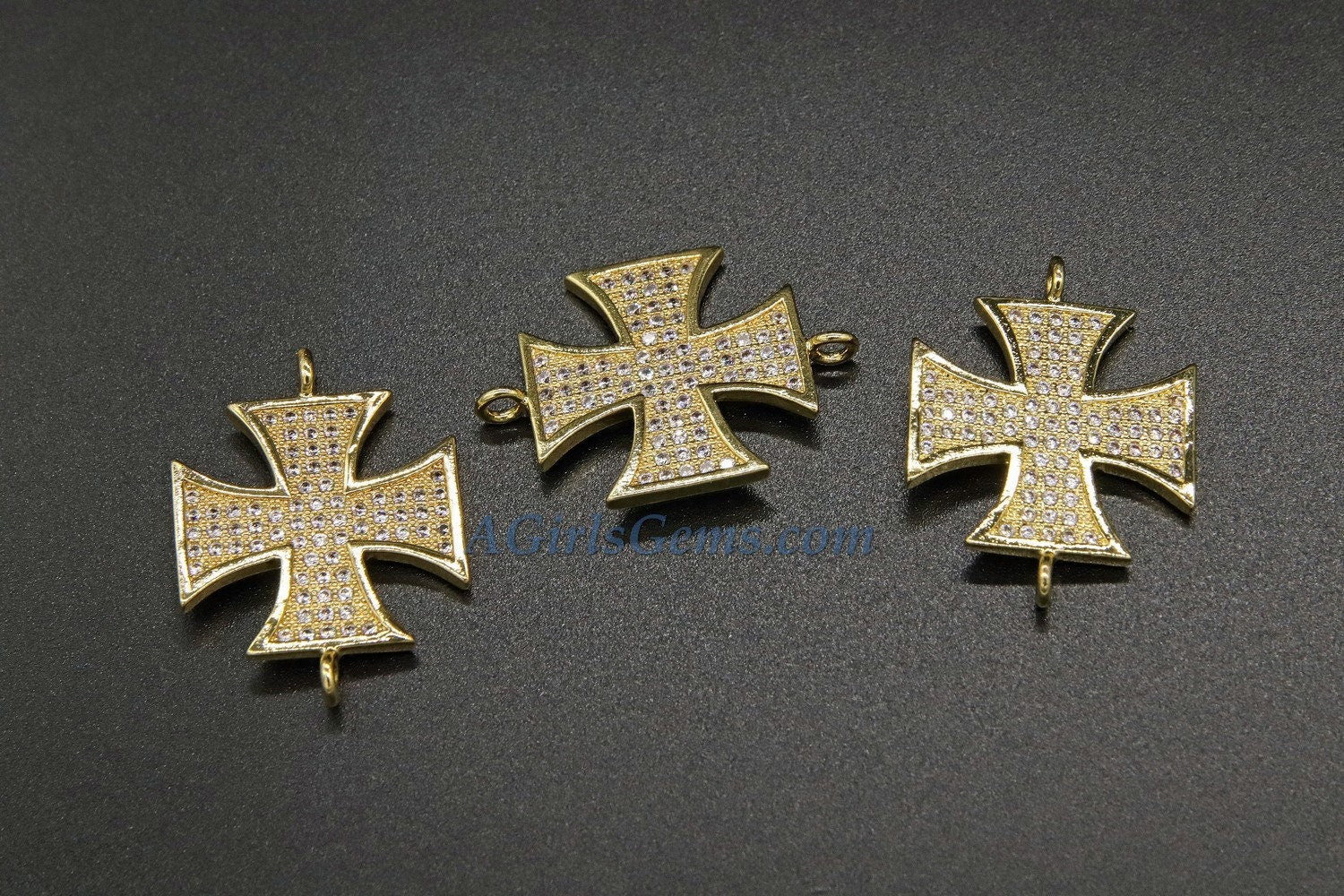 CZ Micro Pave Maltese Cross Connector Link, Gold Large 30 mm Cross Charm for Bracelet #216, Firefighter St John Jewelry Supplies - A Girls Gems