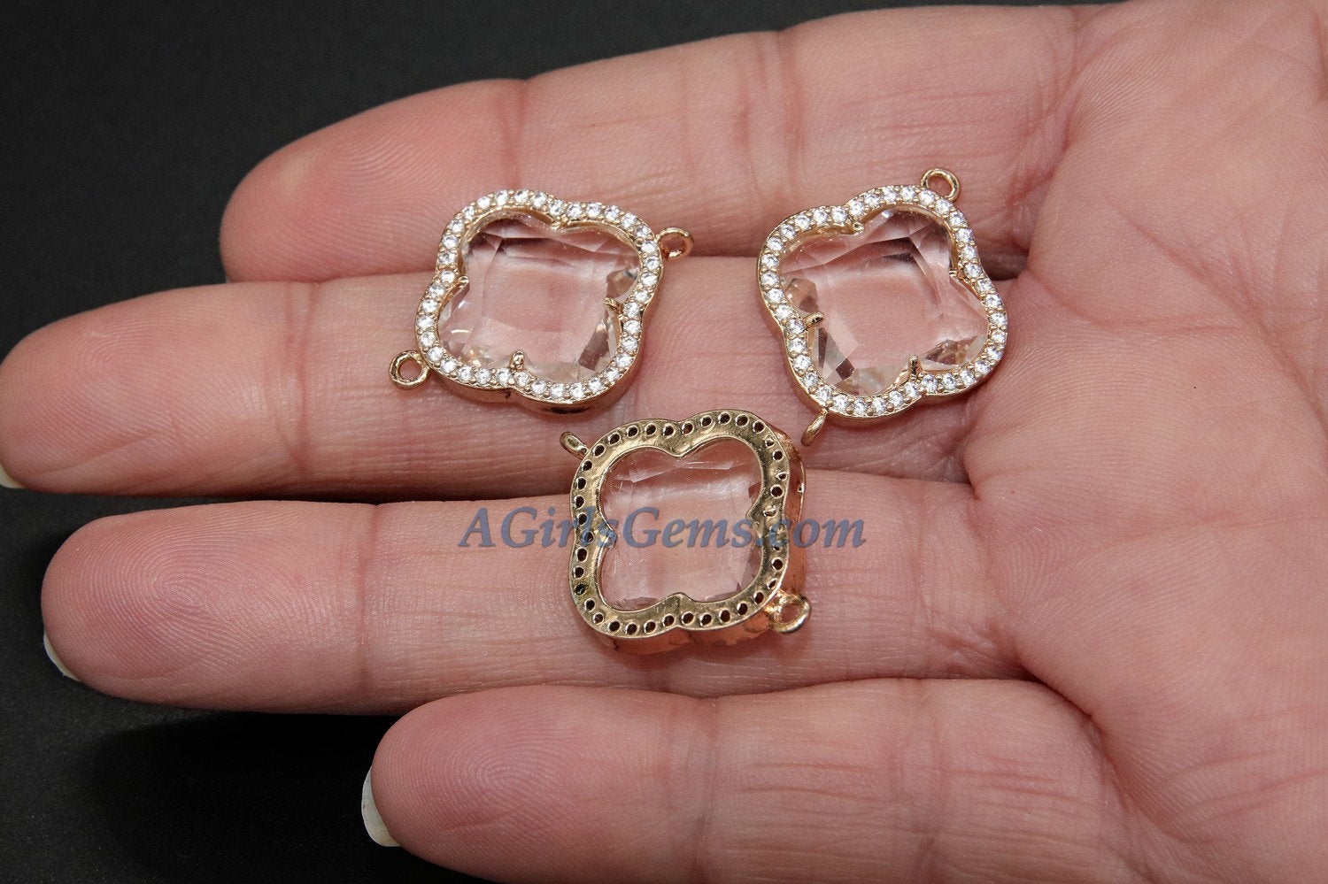 CZ Micro Pave Quatrefoil Connector, Gold Plated Clover Bezel Link, Bracelet/Necklace Faceted Linking Charms for Chain Loop Earrings - A Girls Gems
