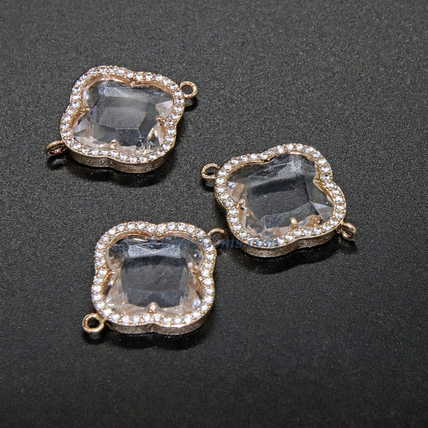 CZ Micro Pave Quatrefoil Connector, Gold Plated Clover Bezel Link, Bracelet/Necklace Faceted Linking Charms for Chain Loop Earrings - A Girls Gems