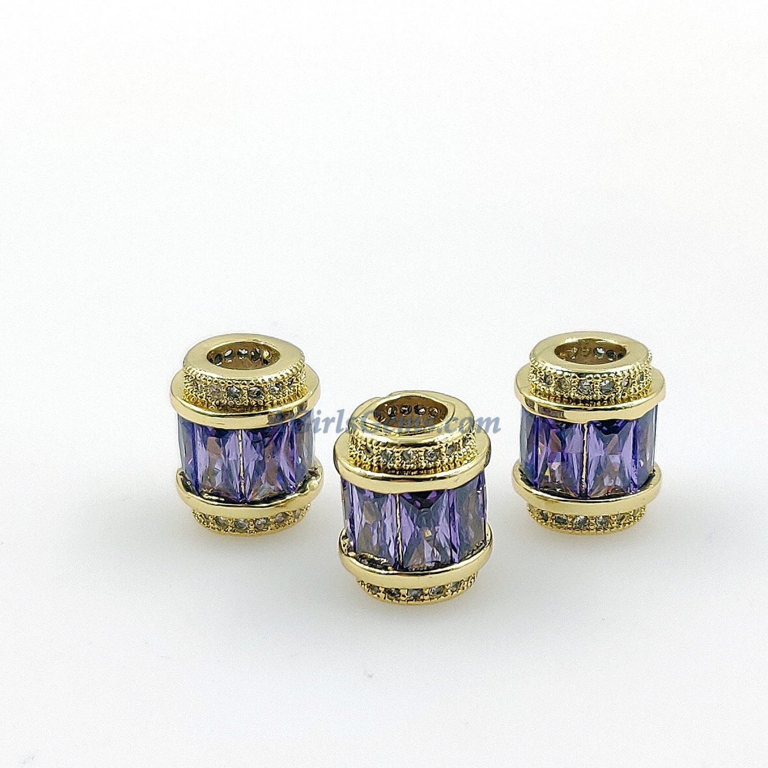 Purple Crystal Beads, CZ Micro Pave Gold Tube Beads, Large Hole Beads 10 x 12 mm 18 K Gold Plated, Elegant Fancy Cubic Zirconia Barrel Beads - A Girls Gems