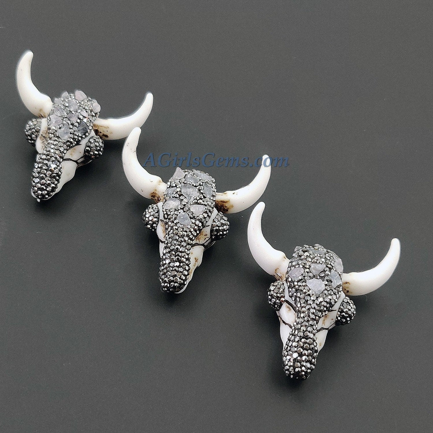 Clear Quartz CZ Micro Pave Bone Cow Skull Pendant CW18, Boho Longhorn Cattle Crystal Quartz and Black Zircons White Resin Bone Necklace - A Girls Gems