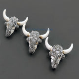 Clear Quartz CZ Micro Pave Bone Cow Skull Pendant CW18, Boho Longhorn Cattle Crystal Quartz and Black Zircons White Resin Bone Necklace
