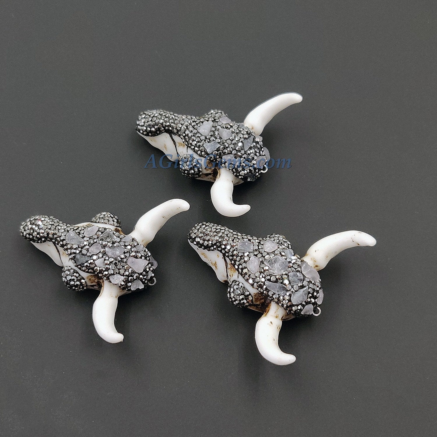 Natural Amethyst CZ Micro Pave Bone Cow Skull Pendant, Boho Longhorn Cattle - A Girls Gems