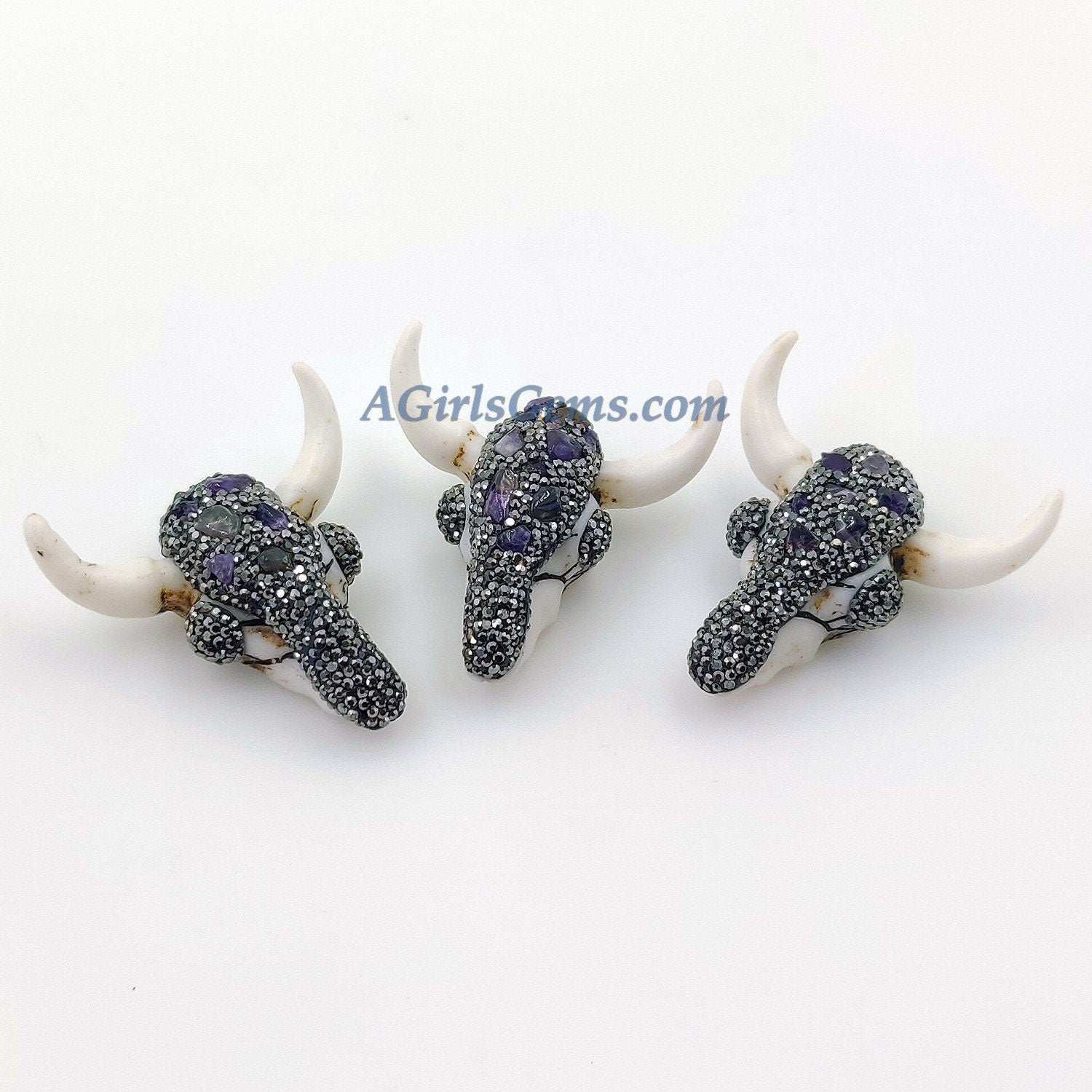 Clear Quartz CZ Micro Pave Bone Cow Skull Pendant CW18, Boho Longhorn Cattle Crystal Quartz and Black Zircons White Resin Bone Necklace - A Girls Gems