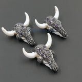Natural Amethyst CZ Micro Pave Bone Cow Skull Pendant, Boho Longhorn Cattle - A Girls Gems