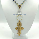 Long Black Rosary Beaded Brass Gold Coptic Cross Necklace - A Girls Gems
