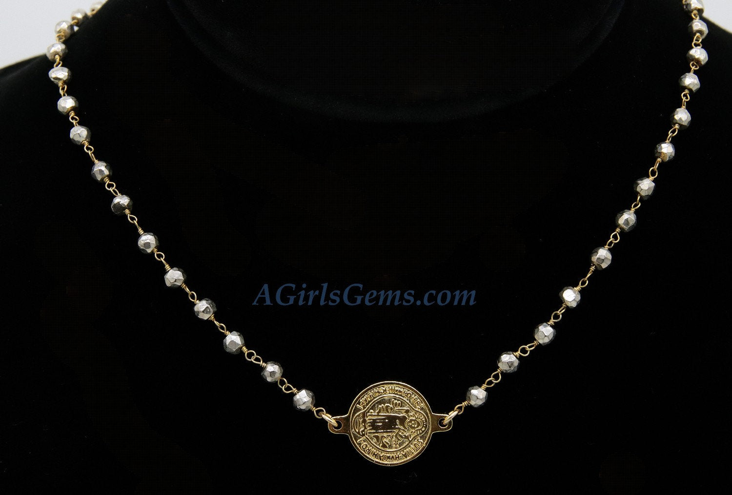 Medallion Necklace, Silver/22 K Gold plated Natural Pyrite Rosary Medal Disc Cross, St Benedict Medal Rosary Choker - A Girls Gems