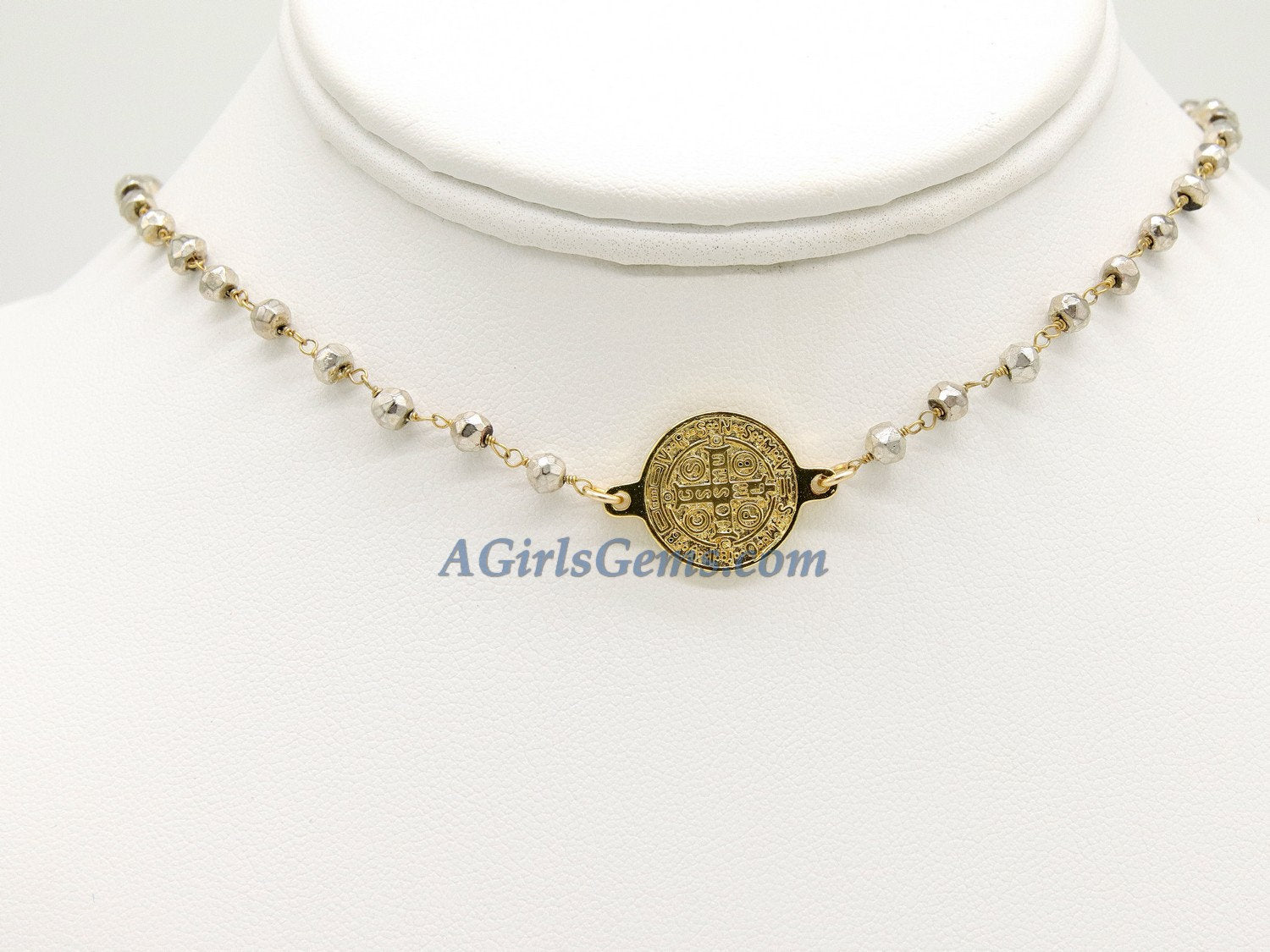 Medallion Necklace, Silver/22 K Gold plated Natural Pyrite Rosary Medal Disc Cross, St Benedict Medal Rosary Choker - A Girls Gems