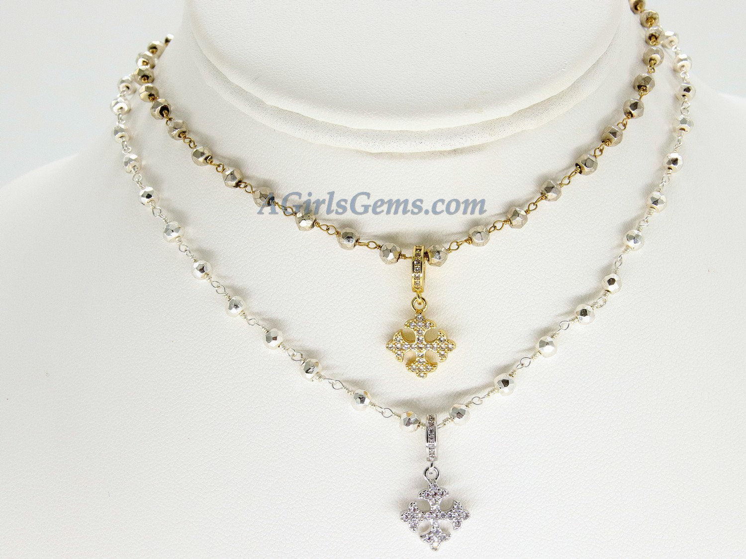 Medallion Necklace, Silver/22 K Gold plated Natural Pyrite Rosary Medal Disc Cross, St Benedict Medal Rosary Choker - A Girls Gems