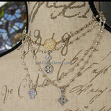 Medallion Necklace, Silver/22 K Gold plated Natural Pyrite Rosary Medal Disc Cross, St Benedict Medal Rosary Choker
