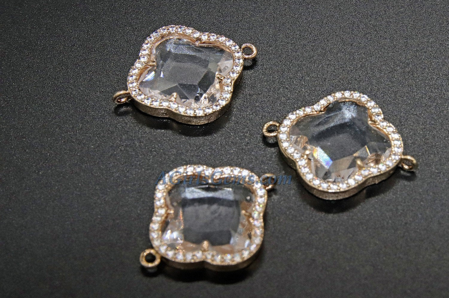 CZ Micro Pave Quatrefoil Connector, Gold Plated Clover Bezel Link, Bracelet/Necklace Faceted Linking Charms for Chain Loop Earrings - A Girls Gems