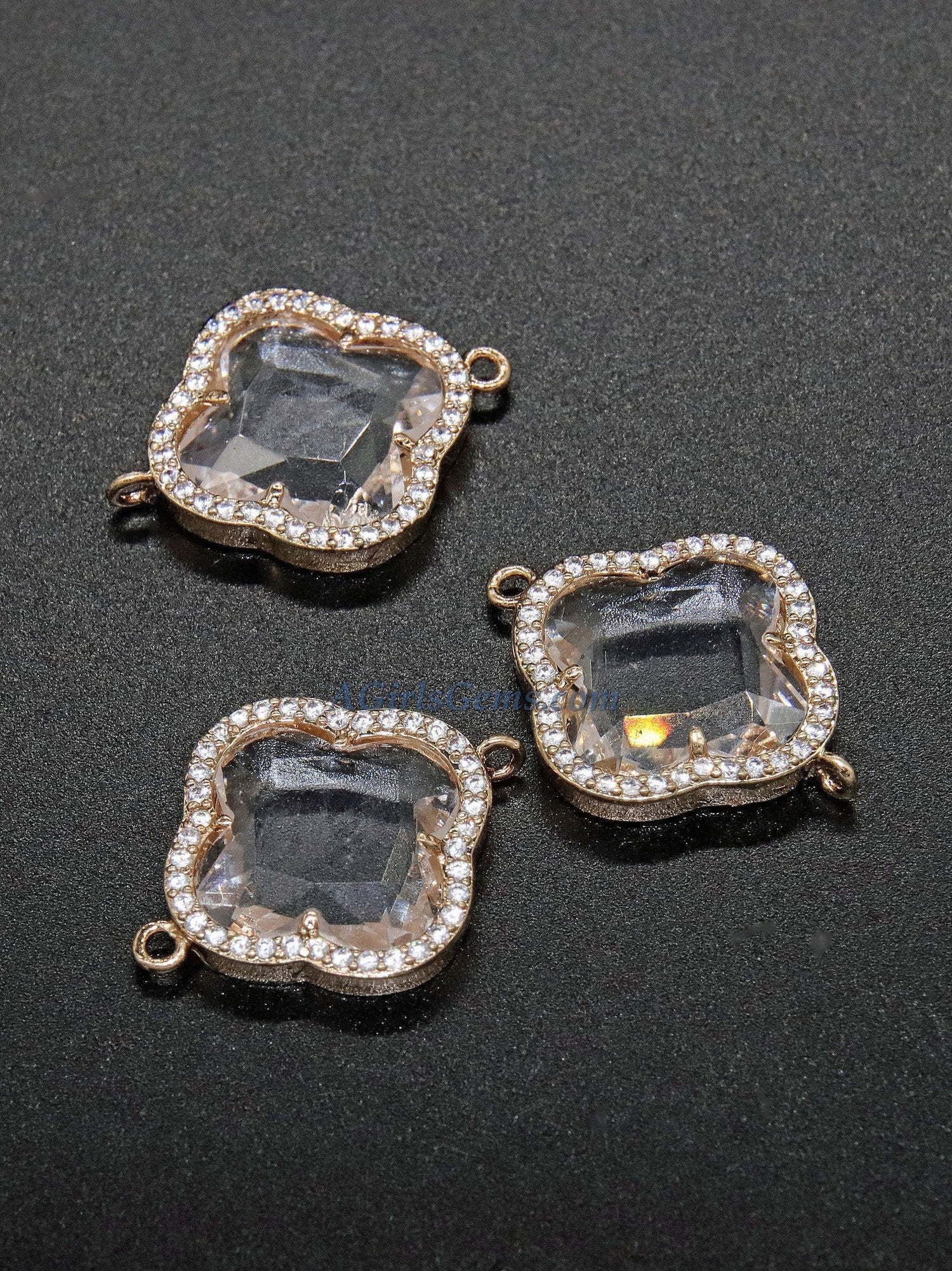 CZ Micro Pave Quatrefoil Connector, Gold Plated Clover Bezel Link, Bracelet/Necklace Faceted Linking Charms for Chain Loop Earrings - A Girls Gems