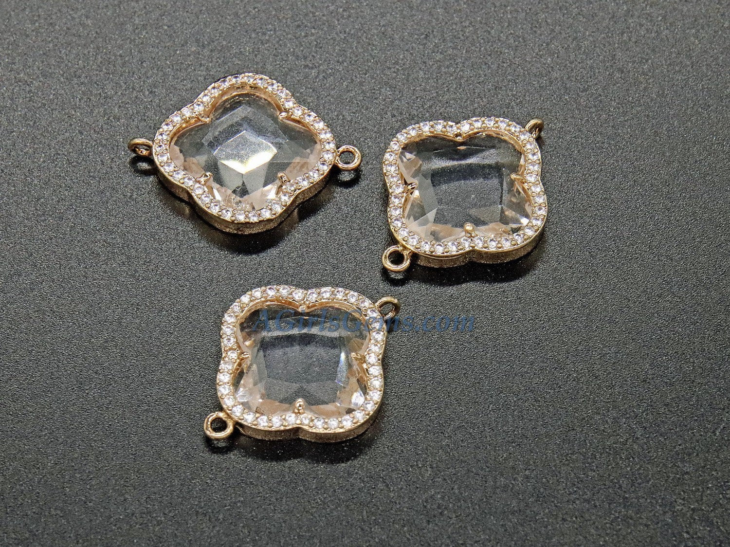 CZ Micro Pave Quatrefoil Connector, Gold Plated Clover Bezel Link, Bracelet/Necklace Faceted Linking Charms for Chain Loop Earrings - A Girls Gems