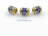 Purple Crystal Beads, CZ Micro Pave Gold Tube Beads, Large Hole Beads 10 x 12 mm 18 K Gold Plated, Elegant Fancy Cubic Zirconia Barrel Beads - A Girls Gems