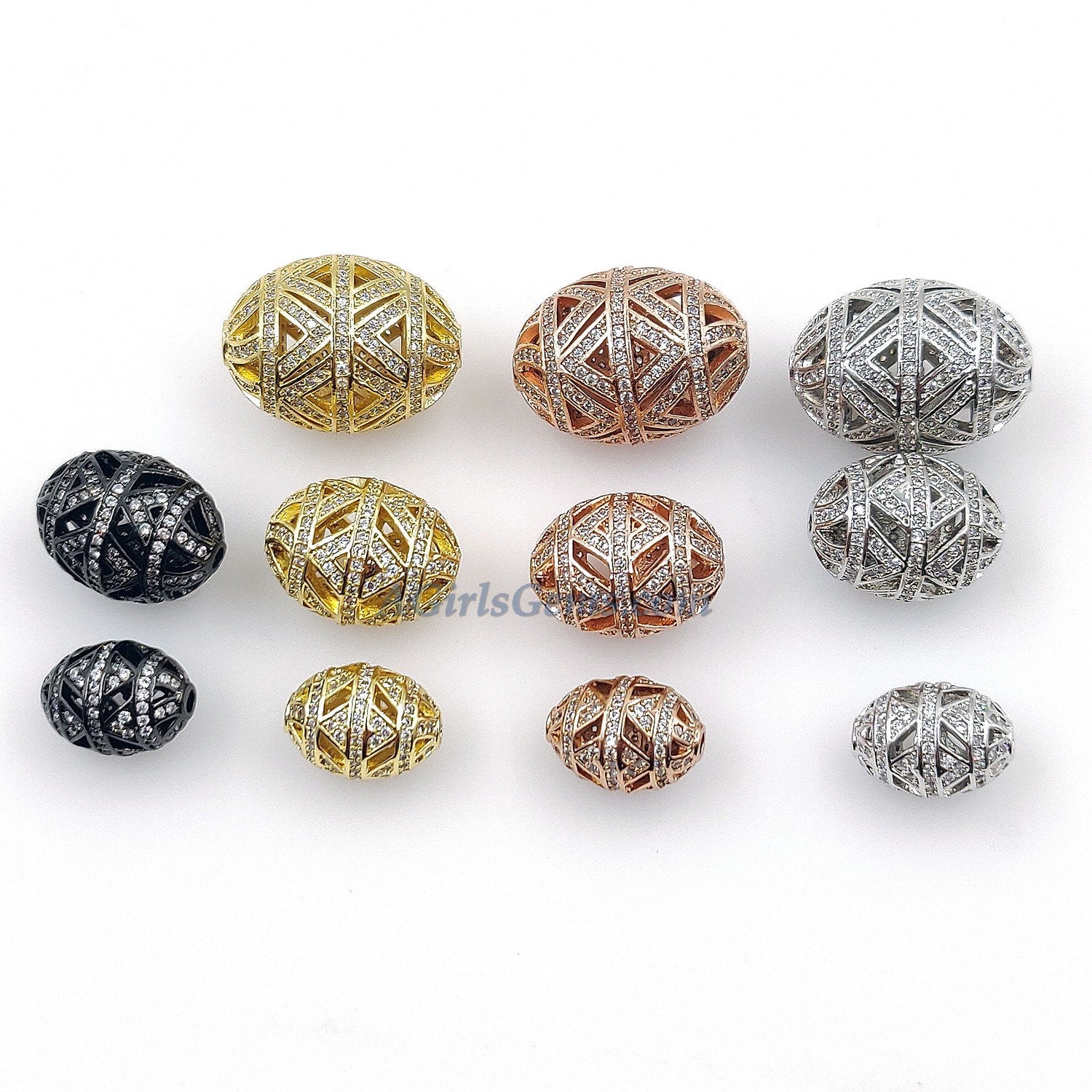 CZ Micro Pave Oval Beads, 5 pc Egg Filigree Spacers Rose, Gold, Silver, Black 10 x 14, 12 x 18, 16 x 23 mm - A Girls Gems