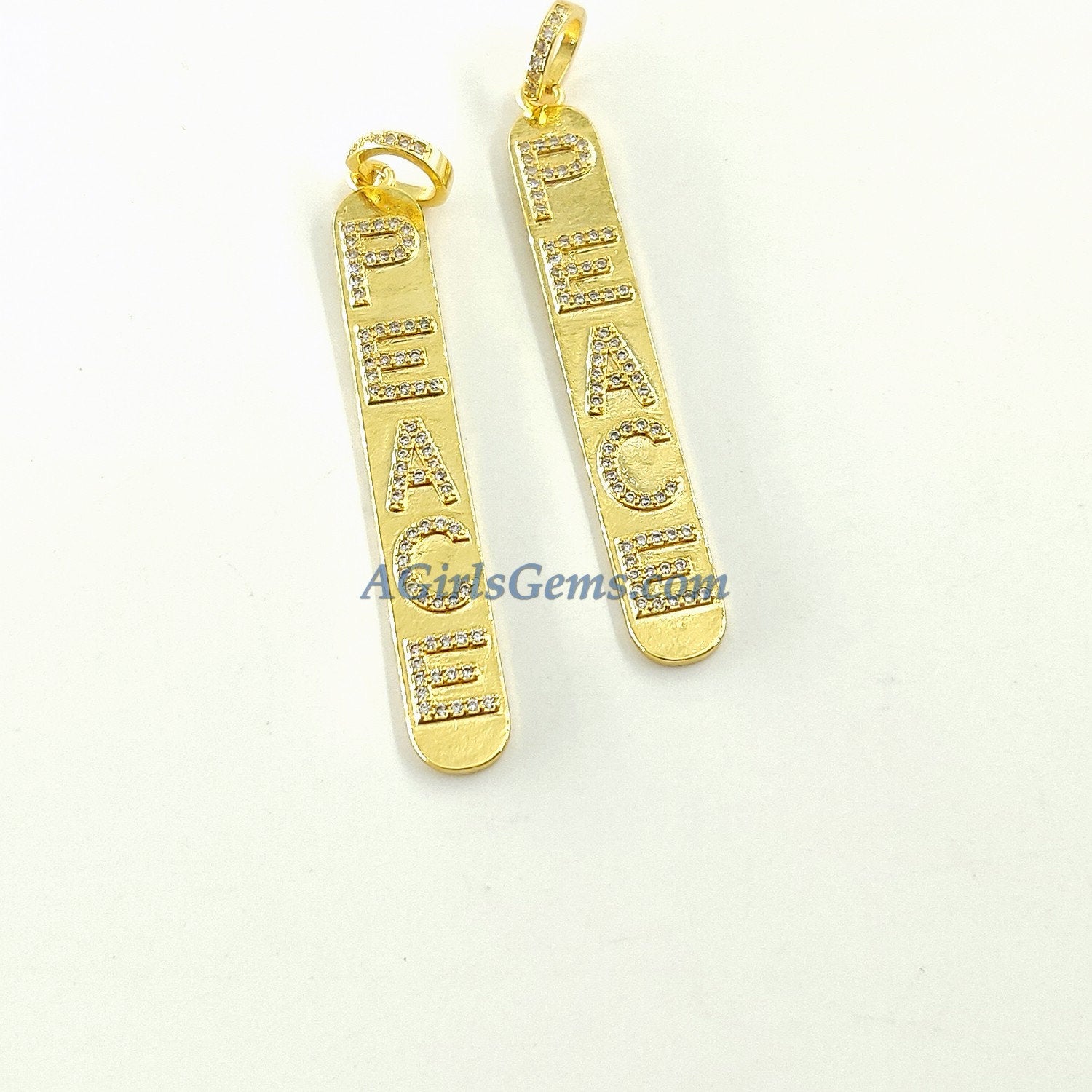 CZ Micro Pave Peace Words Charms 18 K Gold Plated Oblong Rectangle Pendants, Inspirational Dog Tags Long Stick Bar for Necklace Earrings - A Girls Gems