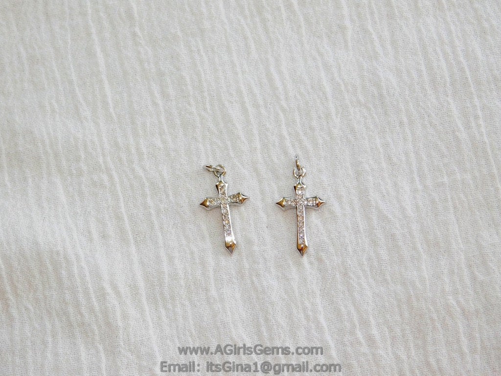 CZ Pave Cross Charms, Small Silver Cross Pendants #191, Dainty Cross 12 x 21 mm, Rosary Chain Chokers and Necklaces - A Girls Gems