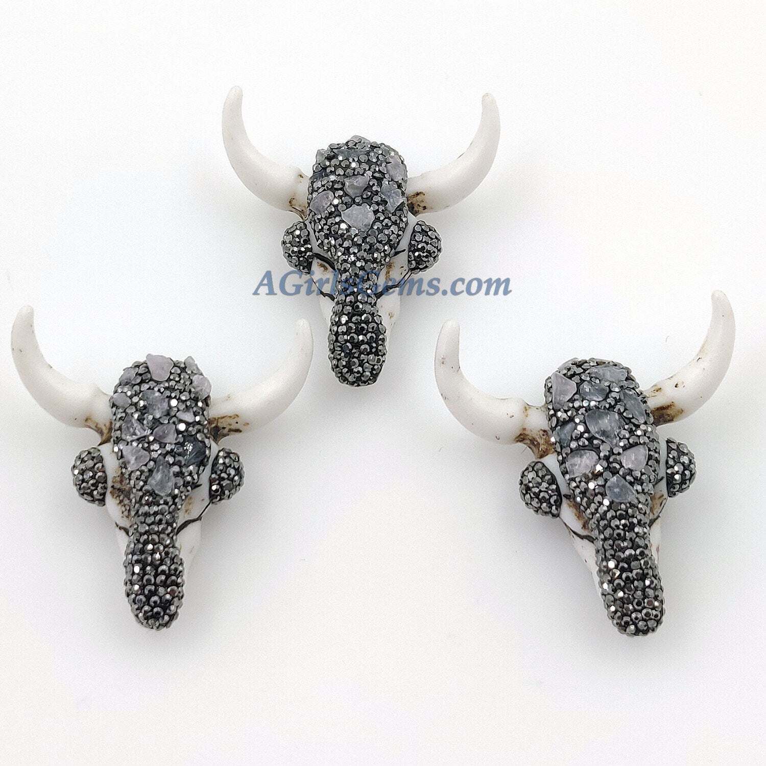 Natural Amethyst CZ Micro Pave Bone Cow Skull Pendant, Boho Longhorn Cattle - A Girls Gems