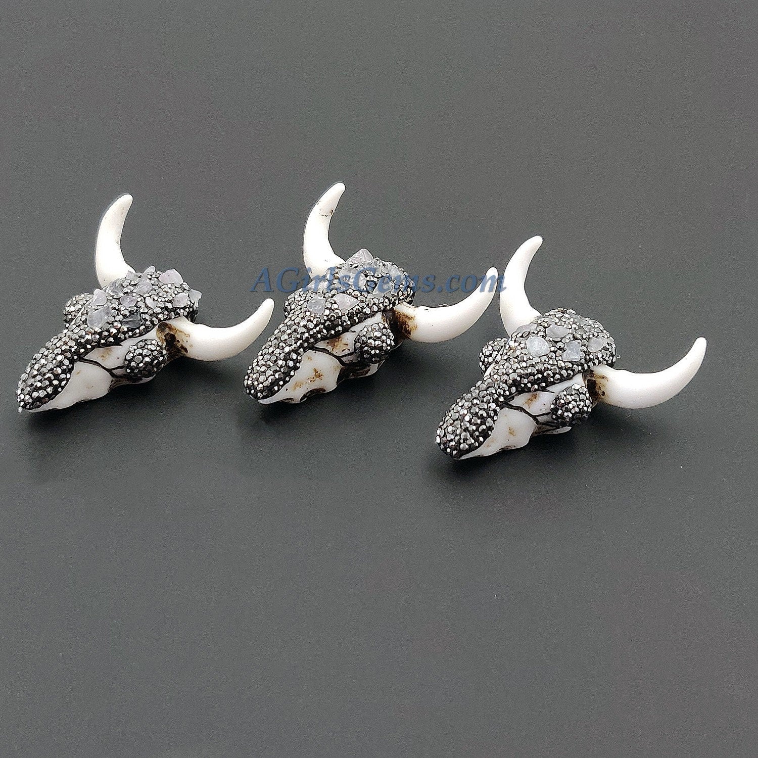 Clear Quartz CZ Micro Pave Bone Cow Skull Pendant CW18, Boho Longhorn Cattle Crystal Quartz and Black Zircons White Resin Bone Necklace - A Girls Gems