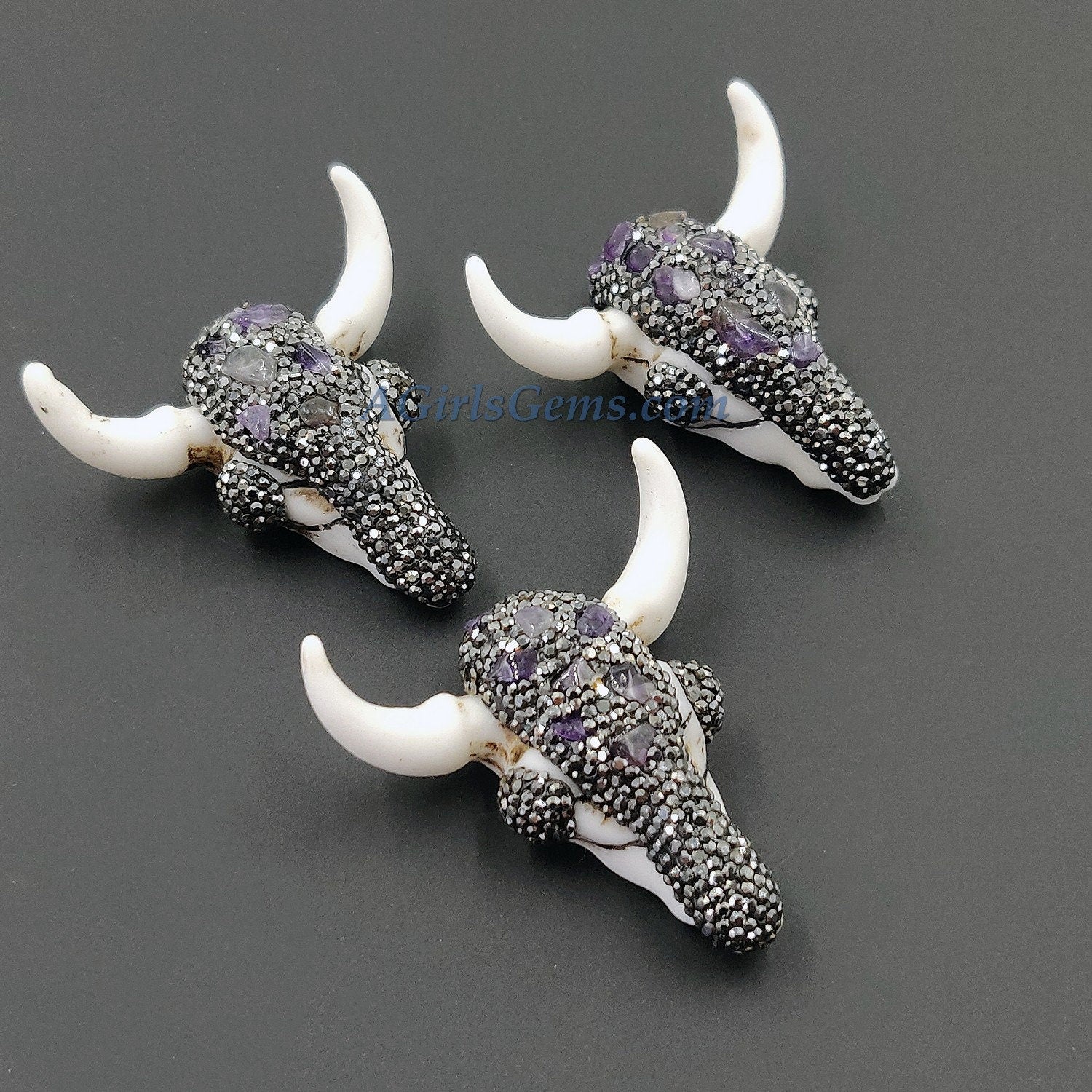 Clear Quartz CZ Micro Pave Bone Cow Skull Pendant CW18, Boho Longhorn Cattle Crystal Quartz and Black Zircons White Resin Bone Necklace - A Girls Gems