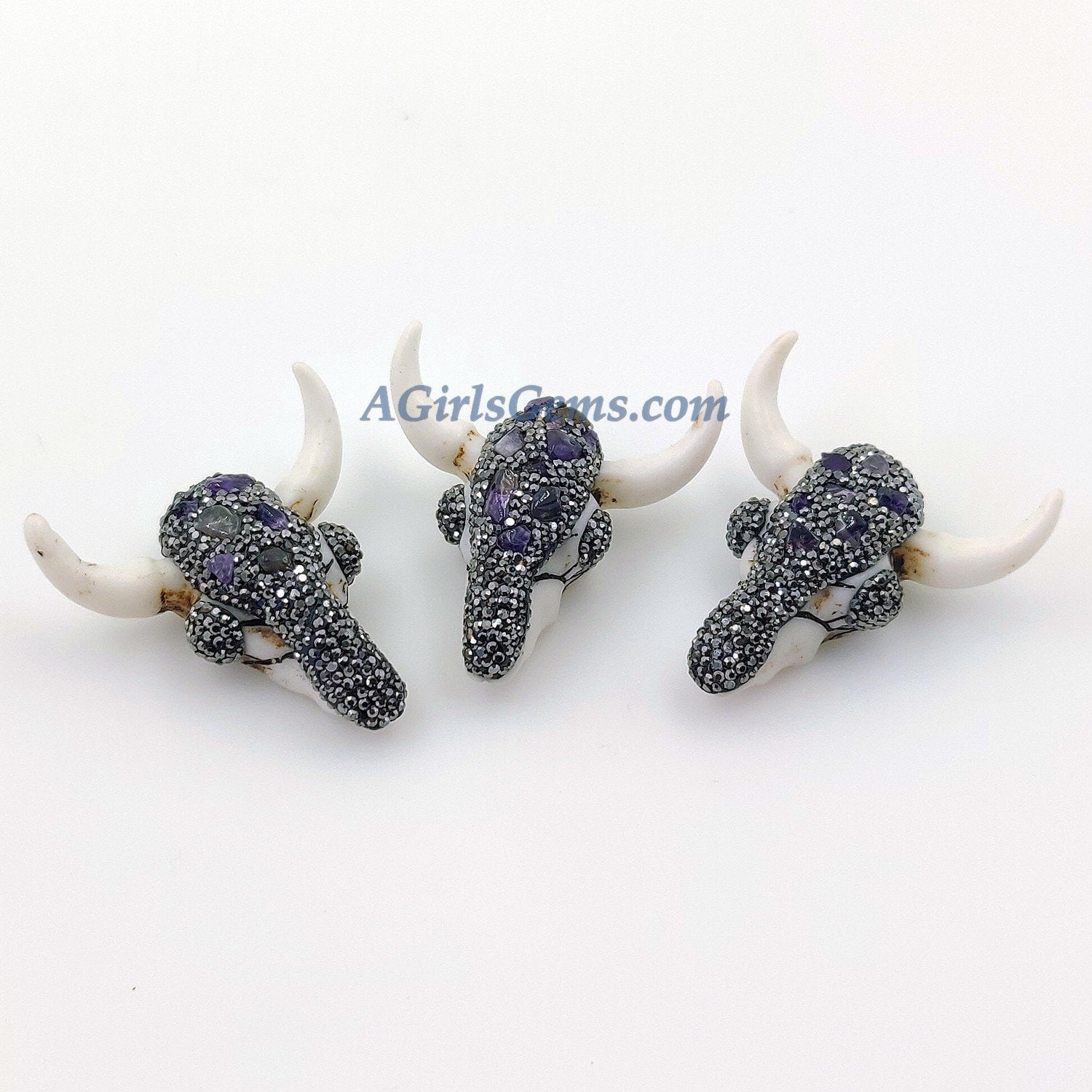 Natural Amethyst CZ Micro Pave Bone Cow Skull Pendant, Boho Longhorn Cattle - A Girls Gems