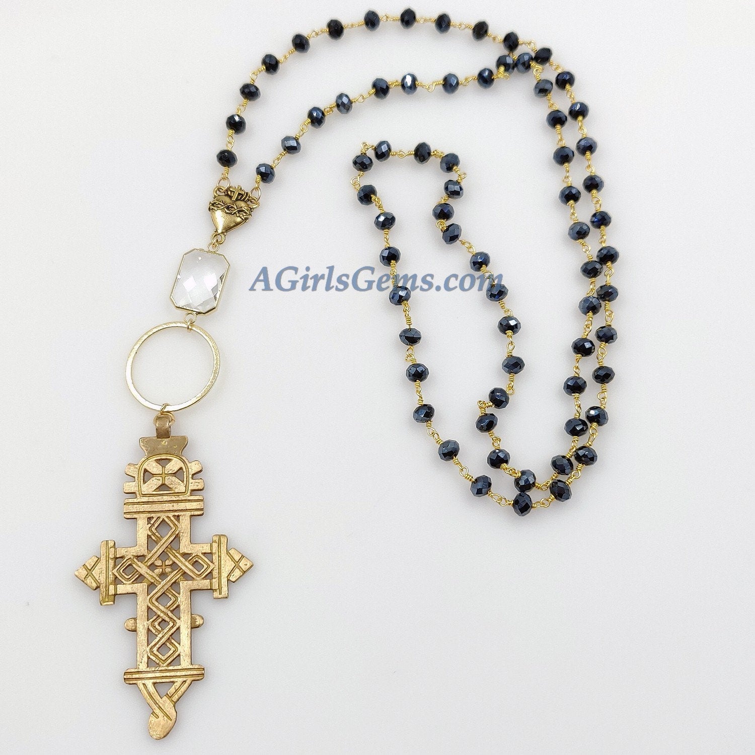 Long Black Rosary Beaded Brass Gold Coptic Cross Necklace - A Girls Gems
