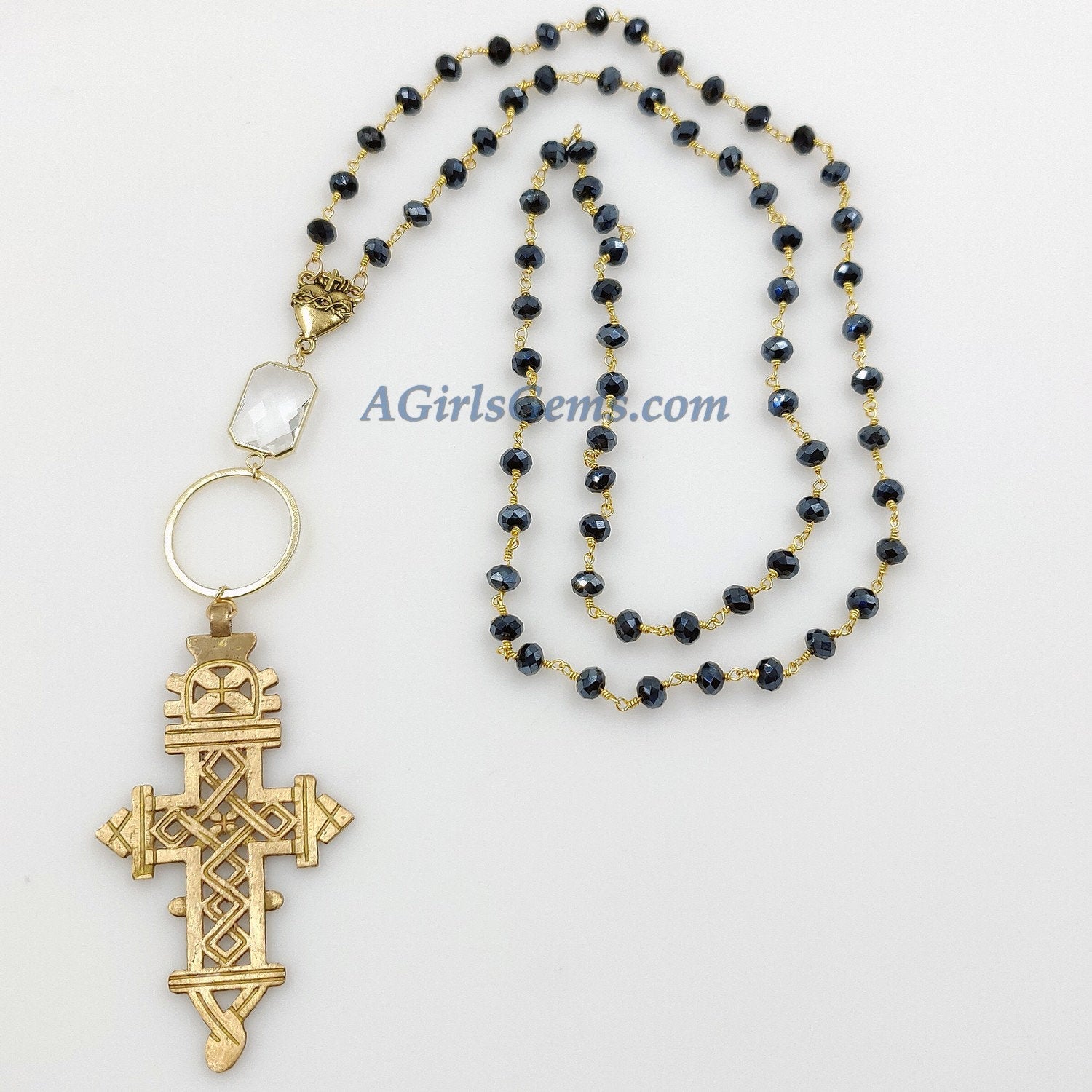 Long Black Rosary Beaded Brass Gold Coptic Cross Necklace - A Girls Gems