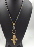 Long Black Rosary Beaded Brass Gold Coptic Cross Necklace