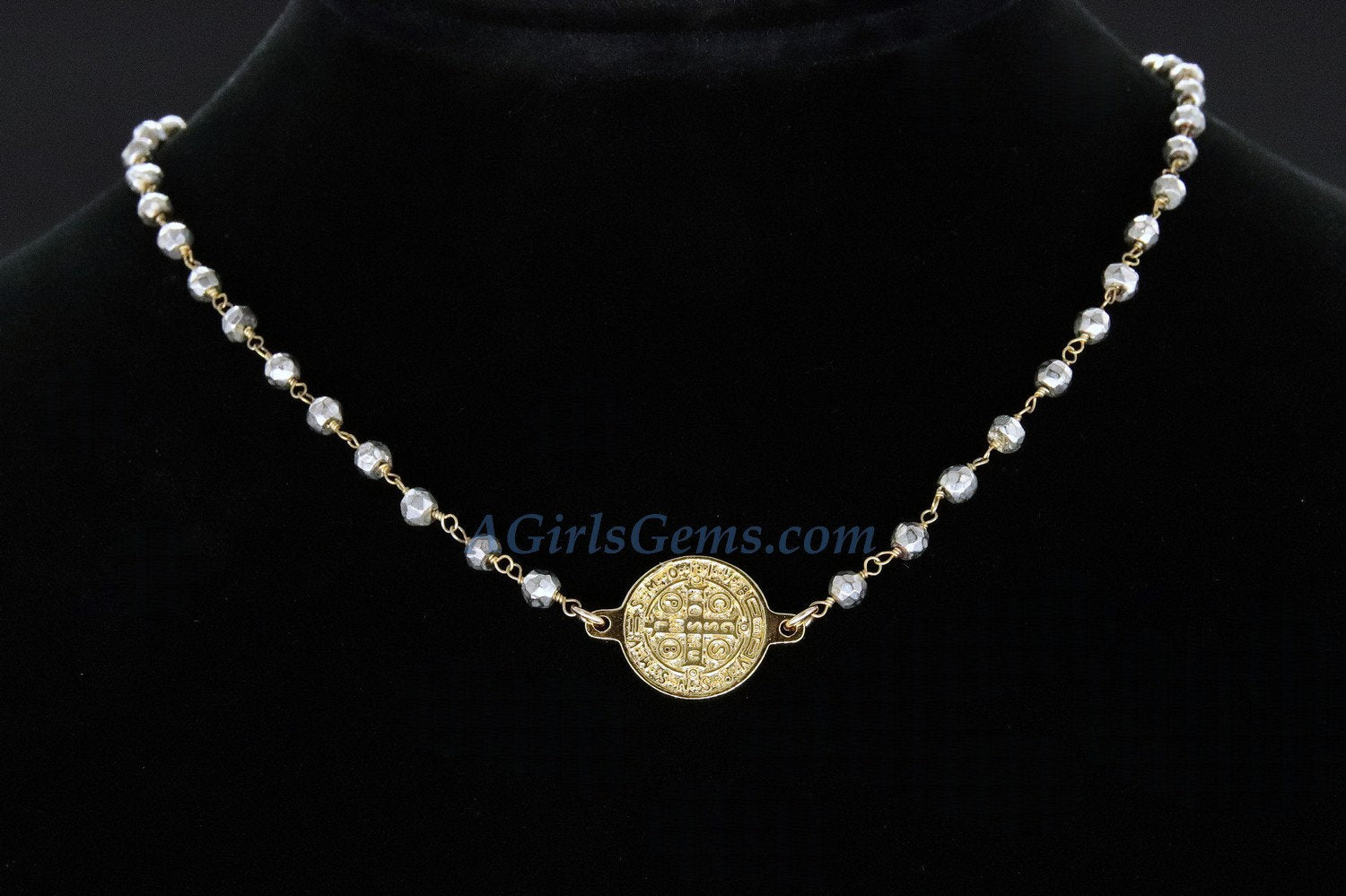 Medallion Necklace, Silver/22 K Gold plated Natural Pyrite Rosary Medal Disc Cross, St Benedict Medal Rosary Choker - A Girls Gems