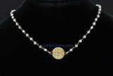 Medallion Necklace, Silver/22 K Gold plated Natural Pyrite Rosary Medal Disc Cross, St Benedict Medal Rosary Choker - A Girls Gems