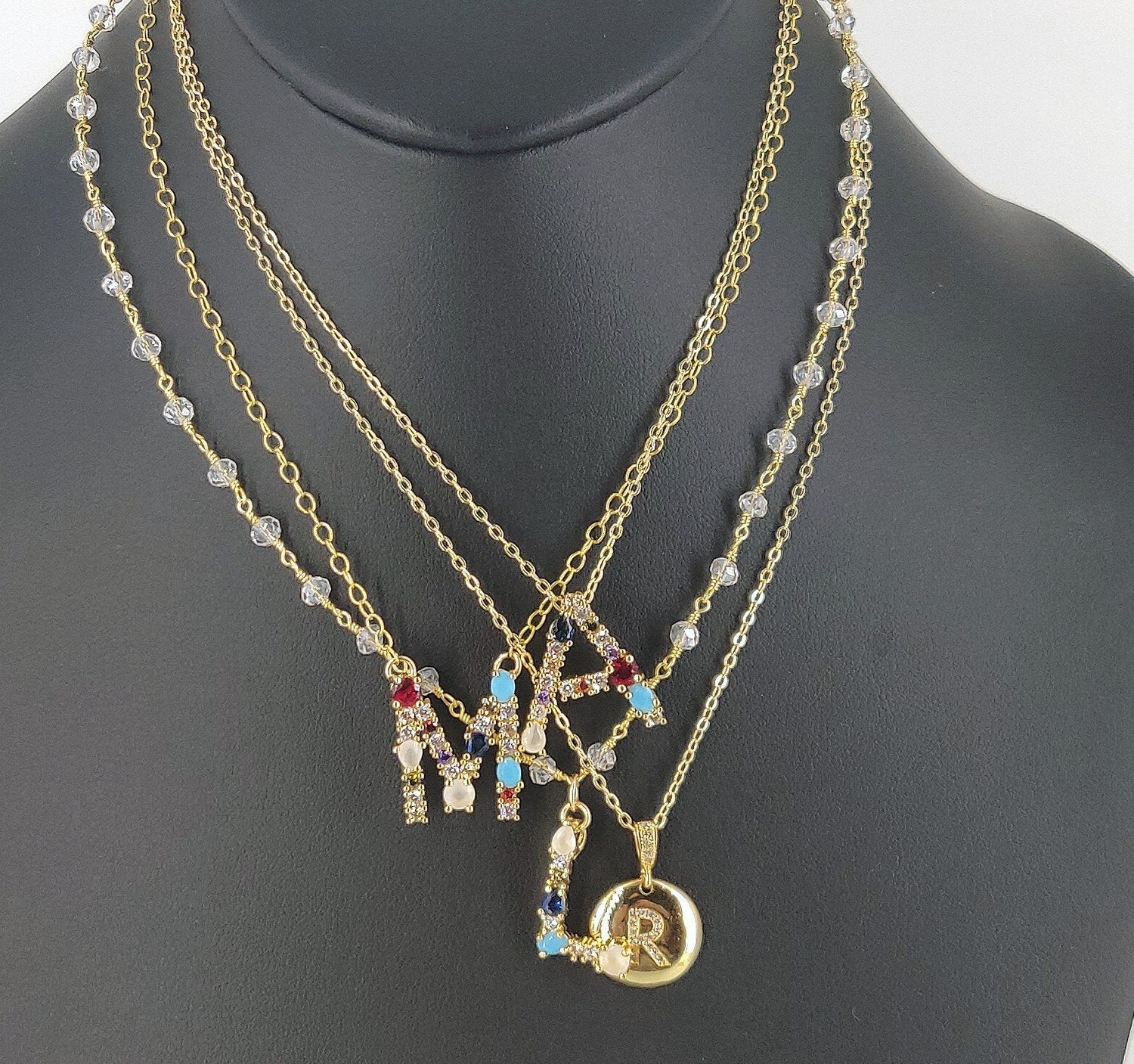 Gold Initial Necklace,  Micro Pave CZ Gold Medallion Coin Disc Alphabet Choker, Handmade Adjustable, Regina Harp Designs - A Girls Gems