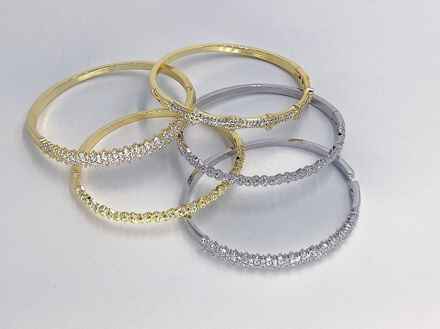 Cubic Zirconia Bracelets for Women, CZ Micro Pave 14 K Gold or White Gold Rhodium Stacking Cuff Bangles, Open/Closes