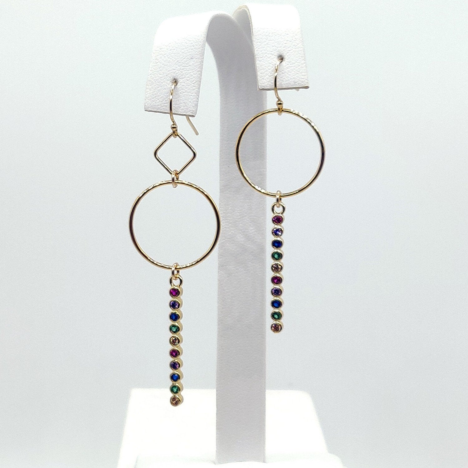 14 k Gold Hoop Dangle Earrings in Gold Rainbow Cubic Zirconia, 2 Links or 1  in 14 K Gold Filled - A Girls Gems