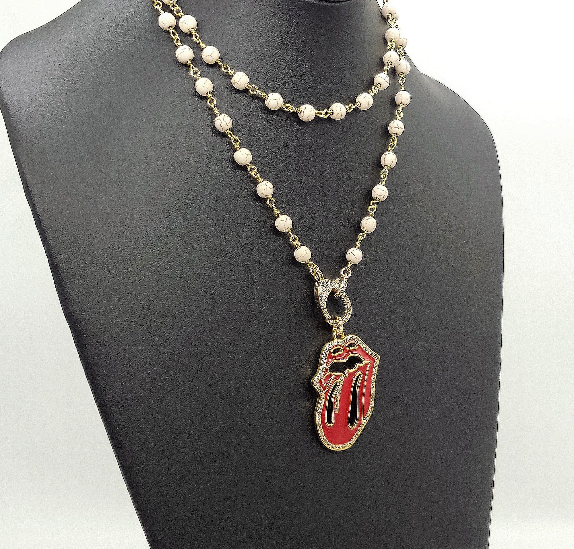 Cubic Zirconia Necklace, Gold or Black Red Tongue Pendant - A Girls Gems