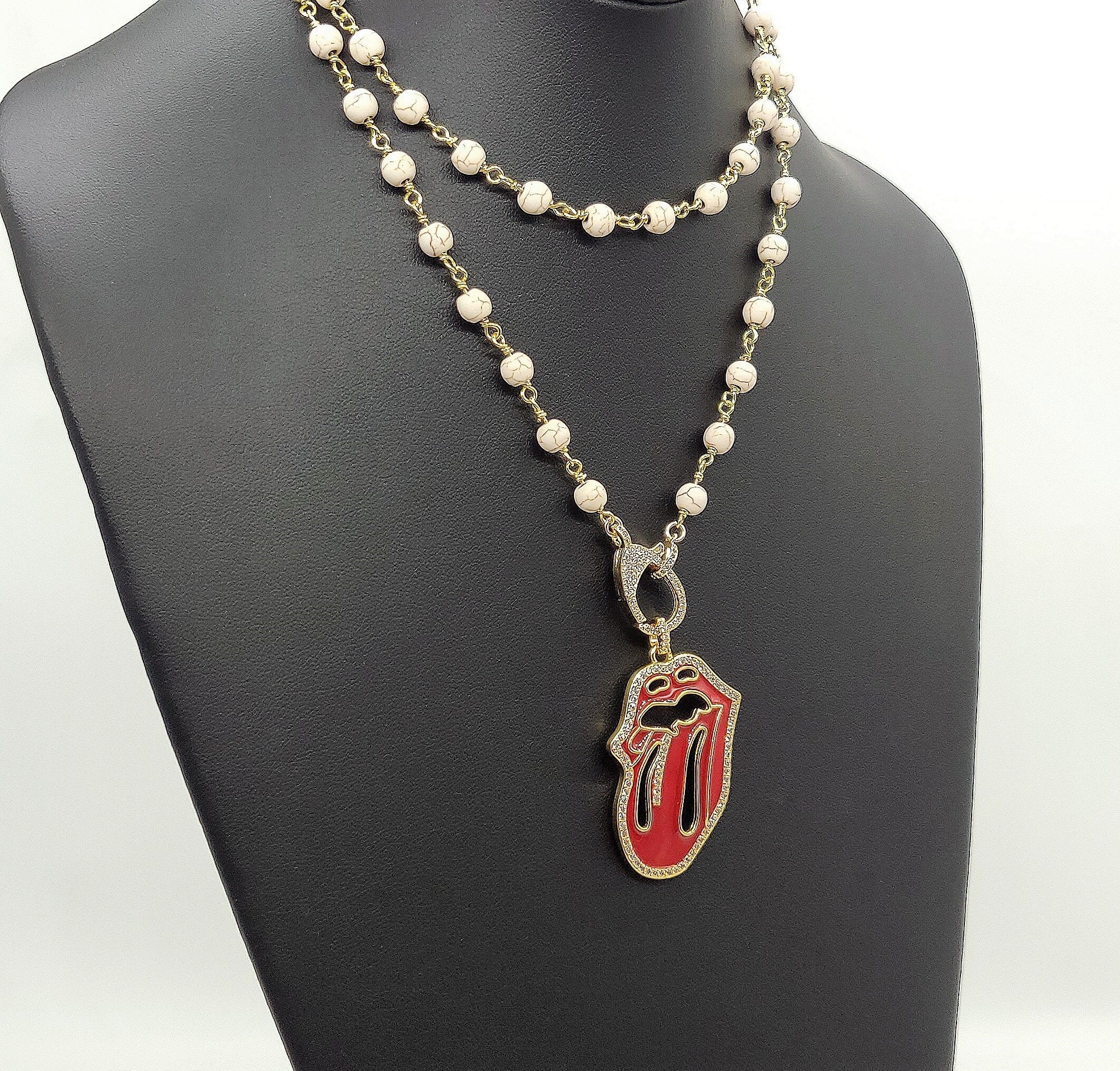 Red Tongue CZ Turquoise Rosary Chain Wrap Necklace - A Girls Gems