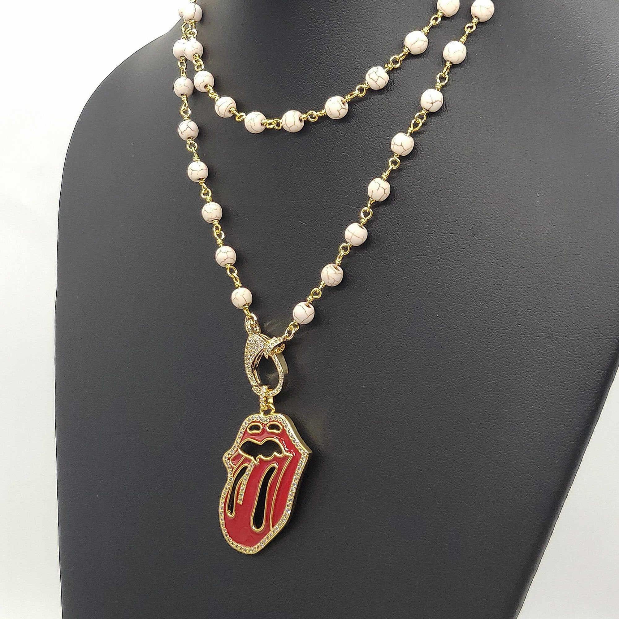 Red Tongue CZ Turquoise Rosary Chain Wrap Necklace - A Girls Gems