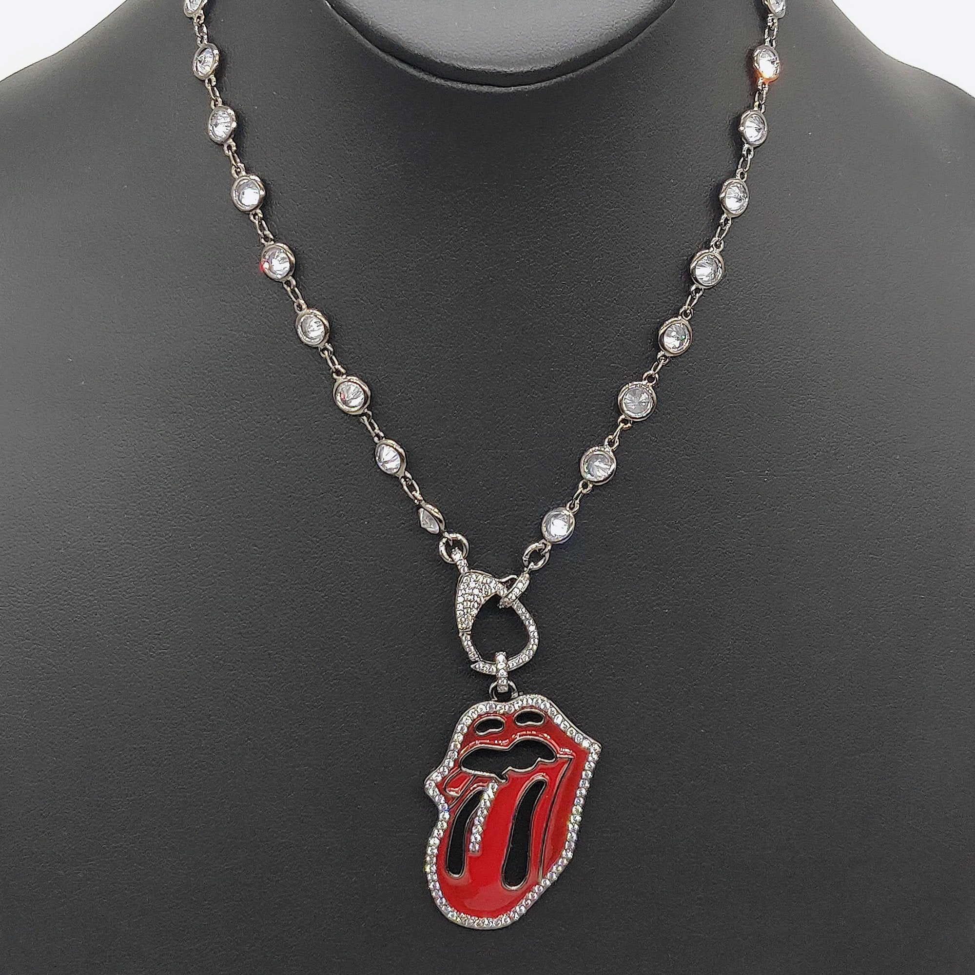 Cubic Zirconia Necklace, Gold or Black Red Tongue Pendant - A Girls Gems