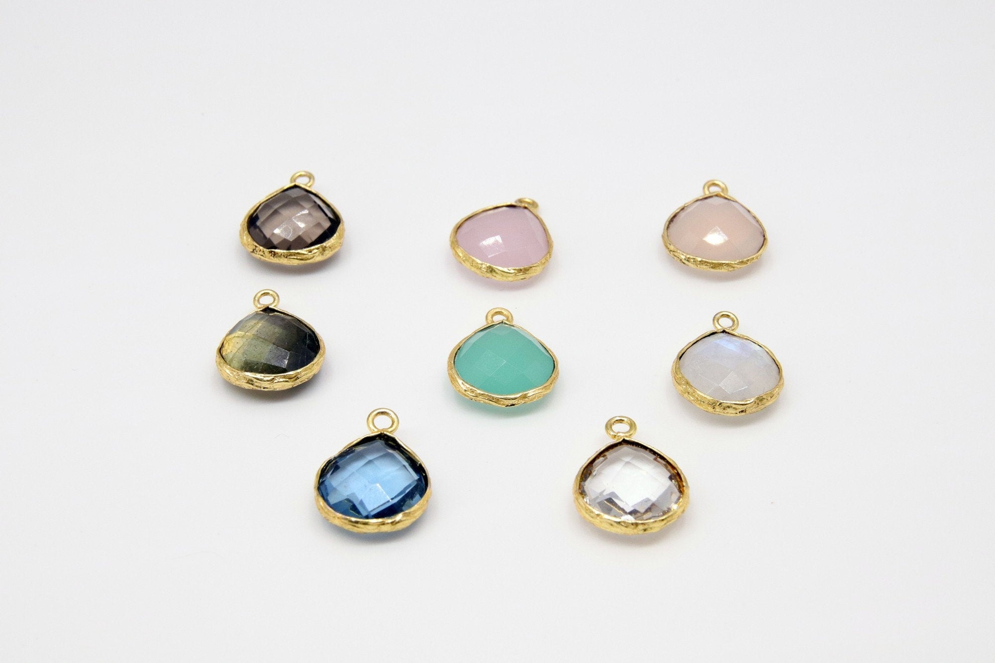 Teardrop Bezel Charms, Gold Plated Gemstone Pears, Rainbow, Labradorite, Opal, Cute Tiny Birthstone Pendants 13 x 16 mm Necklace, Earrings