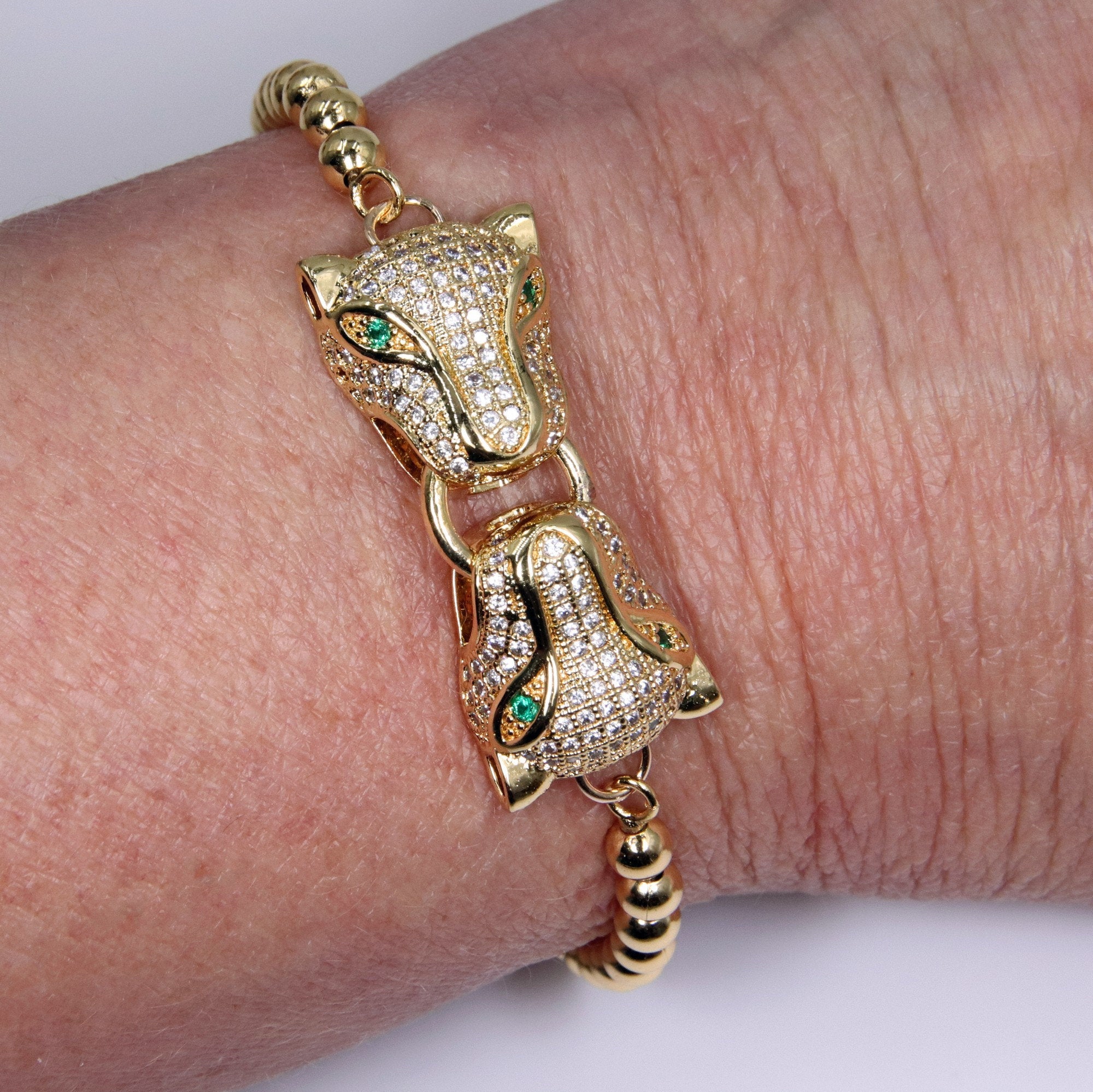 Tiger Head Bracelet, Black, Gold Animal Bead CZ Cat Head Adjustable Bolo Bracelet, Cubic Zirconia Chain Bracelets, 3D Panther - A Girls Gems